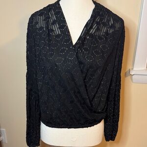 AMANDA UPRICHARD $176 YURI TOP Size XS Black Diamond deep V neck cut long sleeve